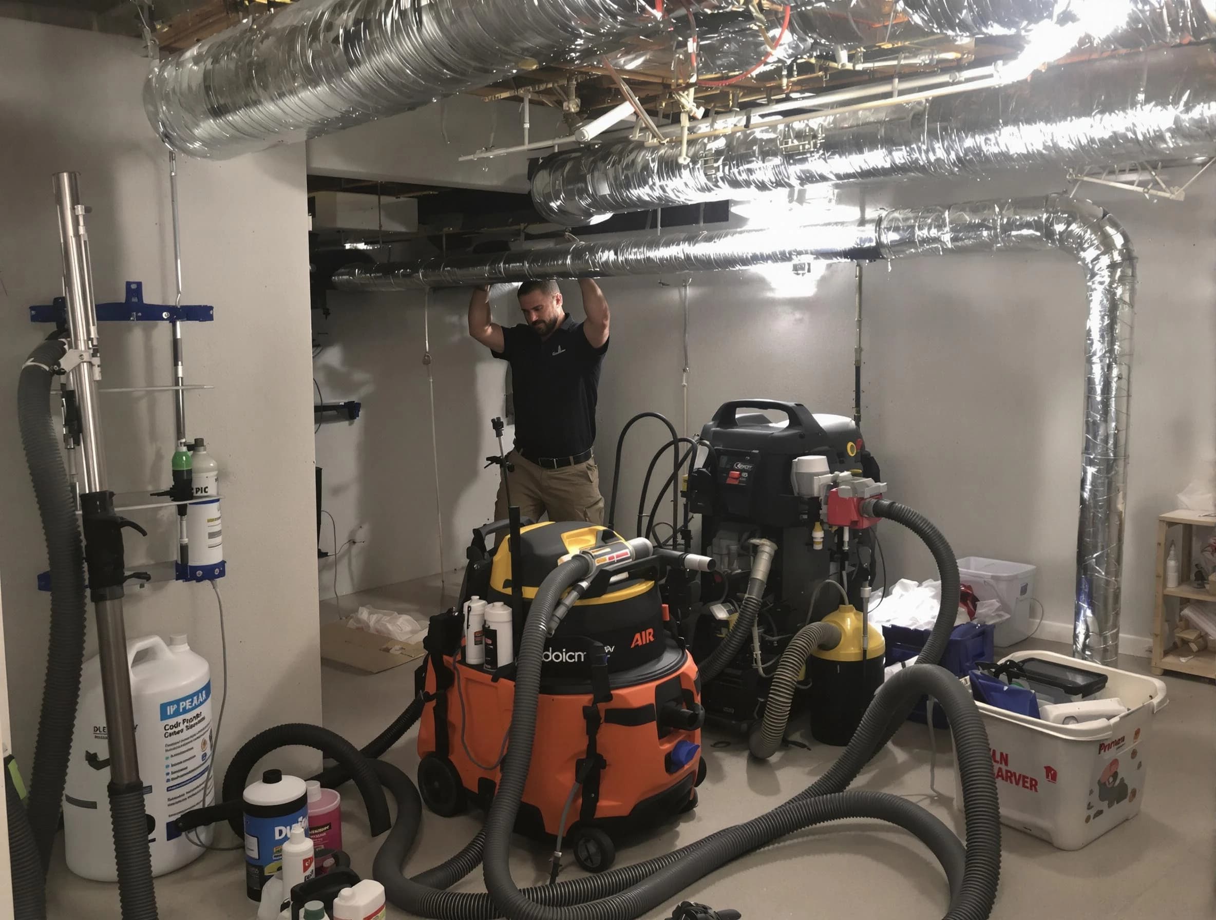 Moreno Valley Air Duct Cleaning specialist performing professional mold removal from air ducts using safety equipment in Moreno Valley