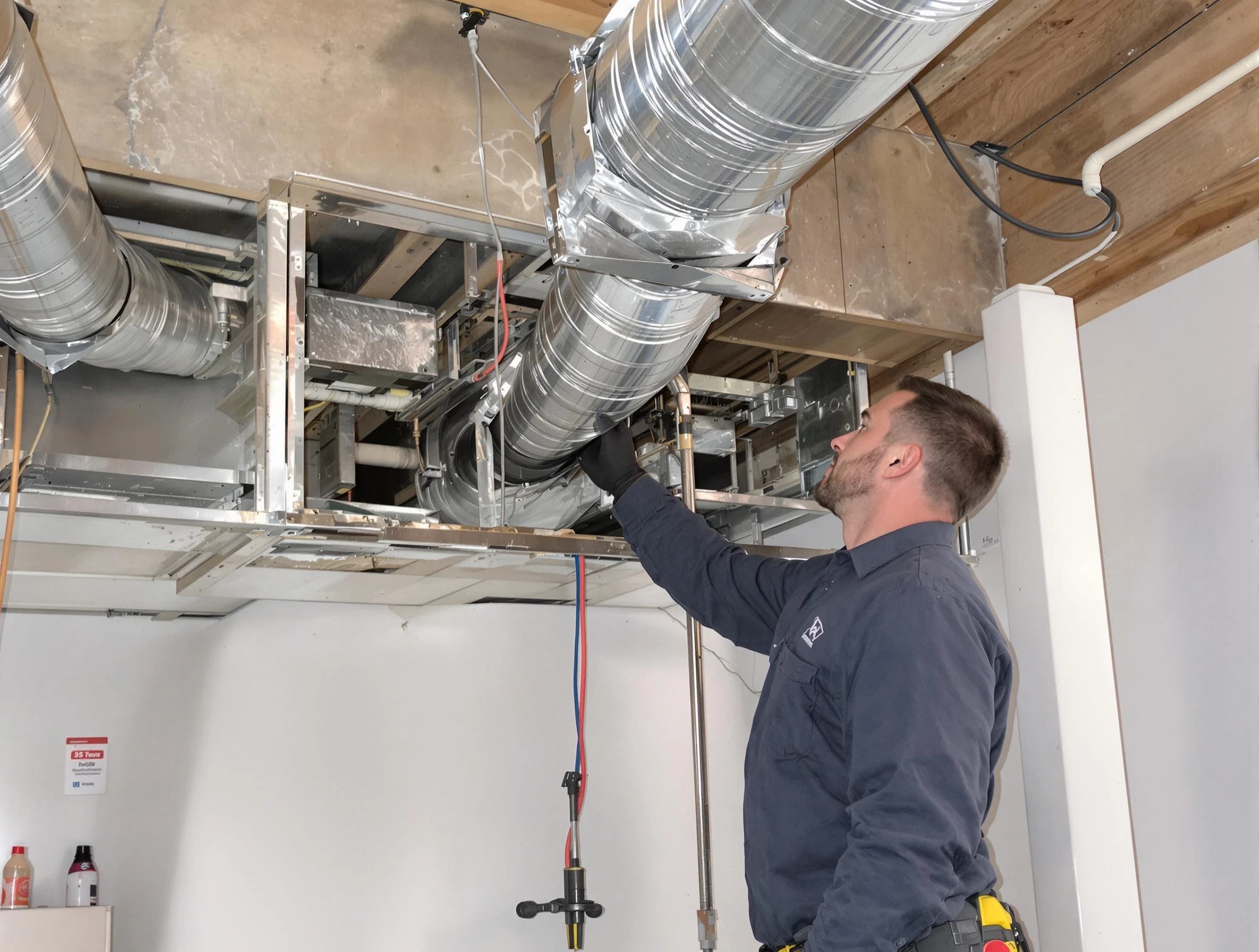 Moreno Valley Air Duct Cleaning technician performing professional air duct repair using specialized tools in Moreno Valley