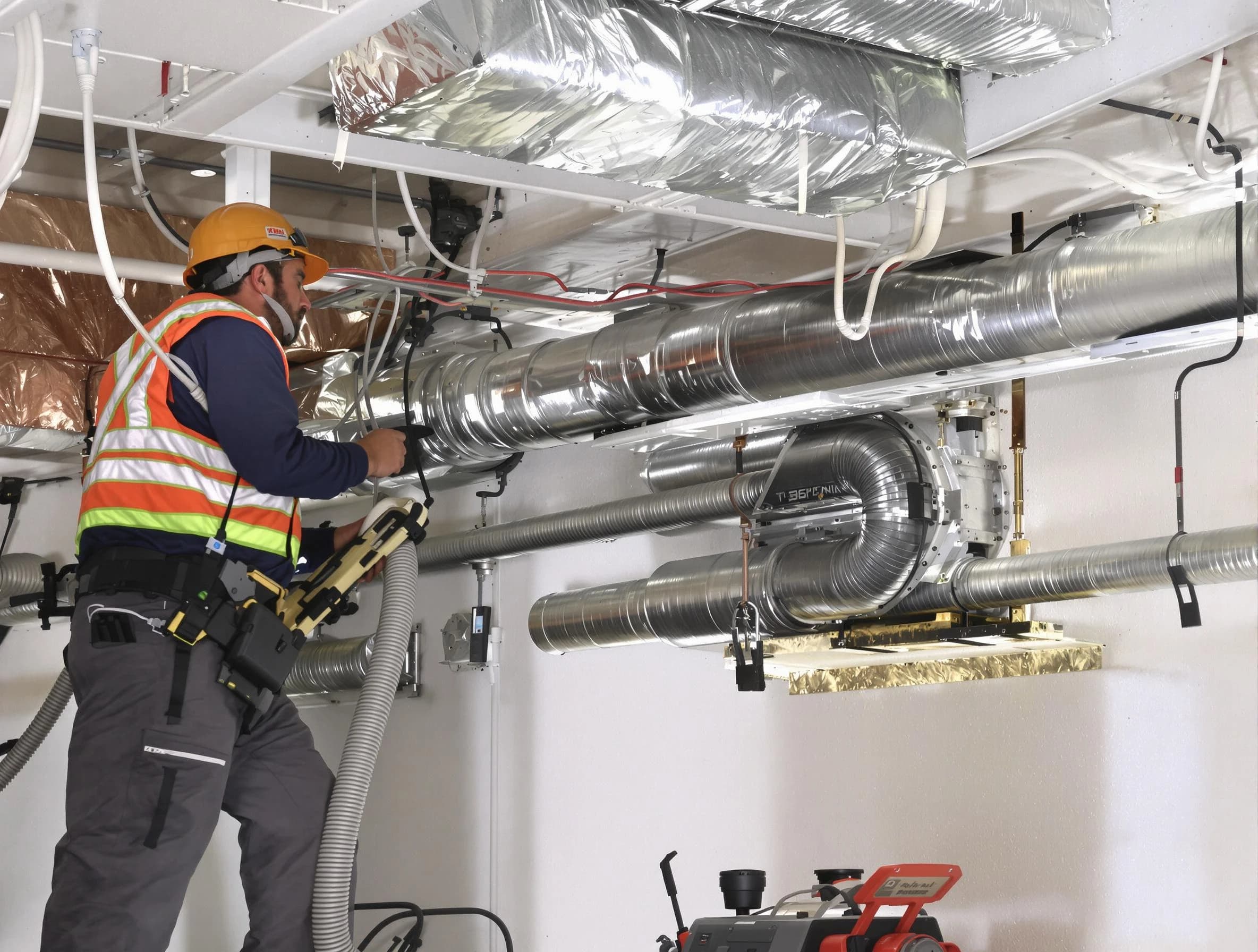 Moreno Valley Air Duct Cleaning technician performing precision vacuum insulation removal in a residential property in Moreno Valley